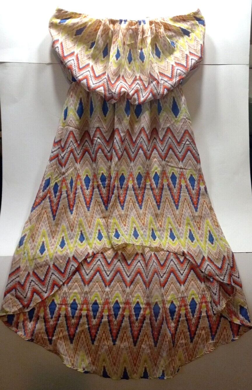 Chevron Strapless Top Dress Size Medium Hi Low Hem Lined Flowy Multicolor